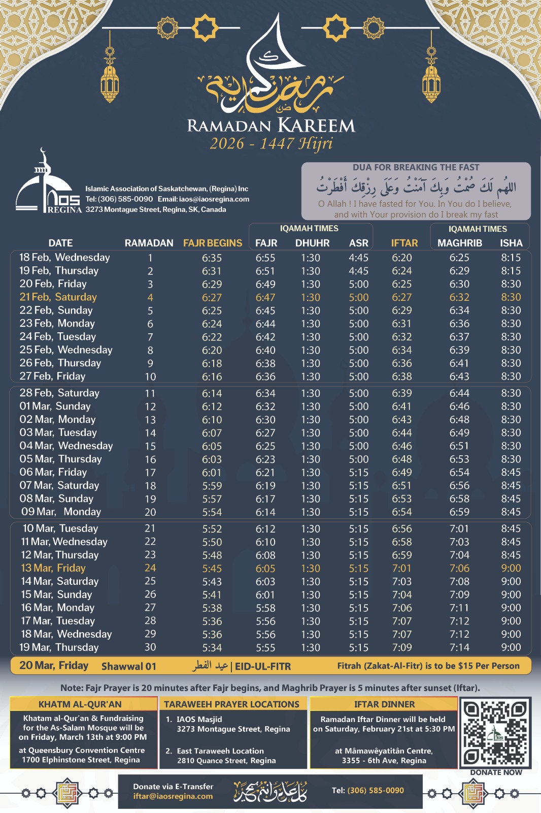 The 1st day of Ramadan fasting will be on February 18, 2026.